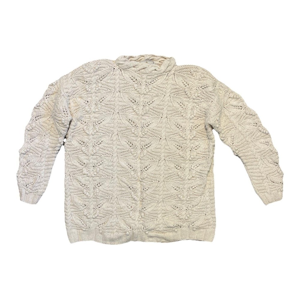 Vtg Express Tricot M‎ Fisherman Sweater Aran Chunky Hand Knit Cream Grandma Core